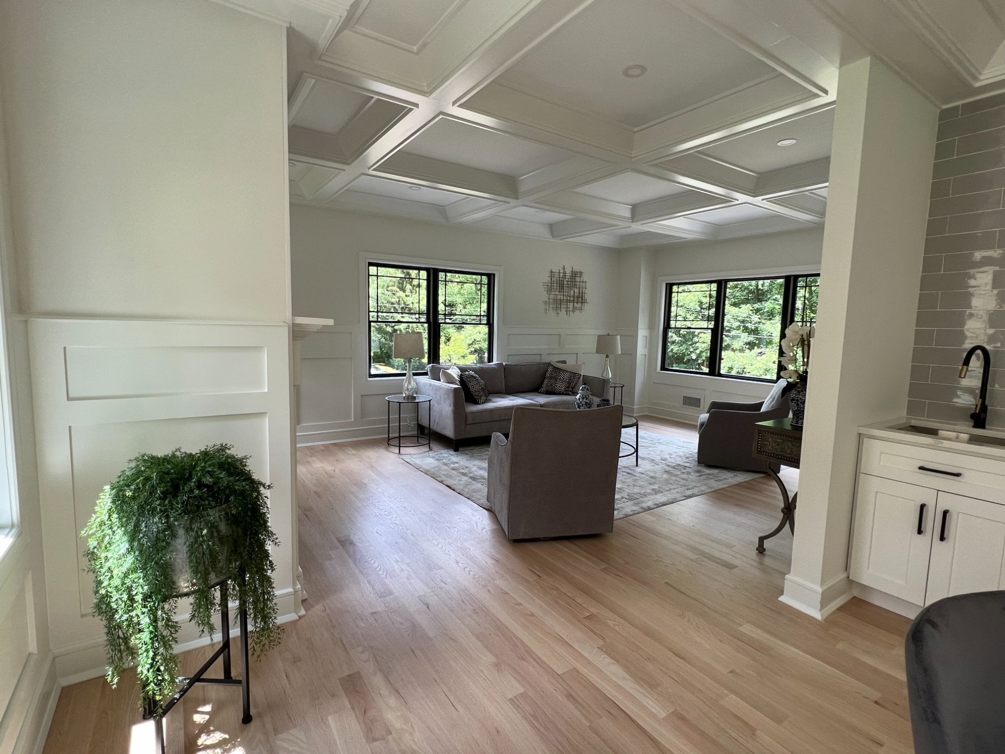 Great room with coffered ceiling