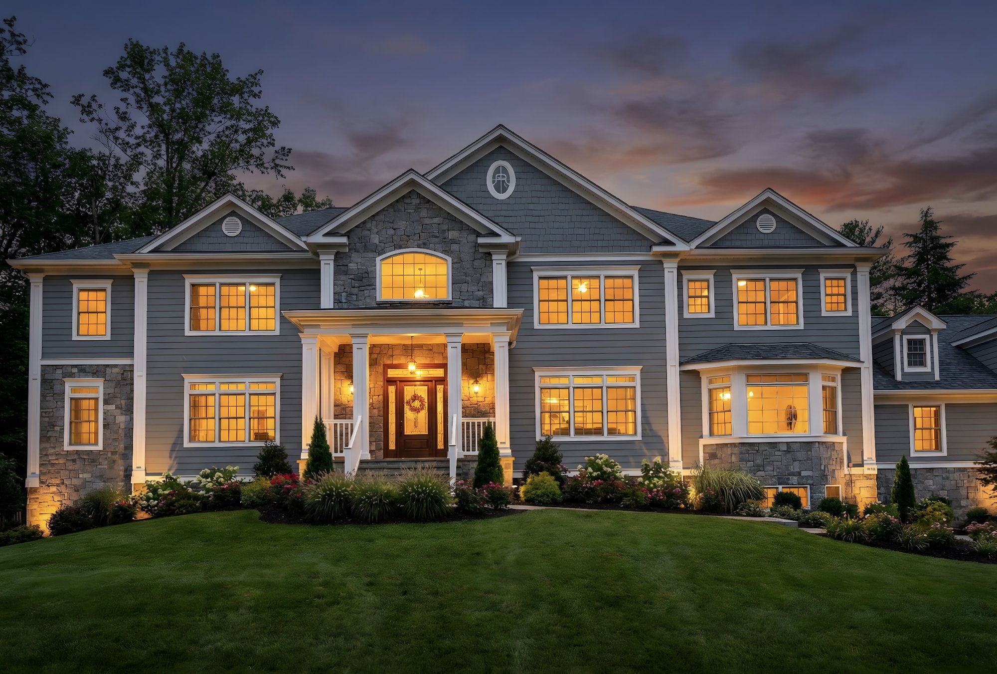 Luxury colonial home at twilight
